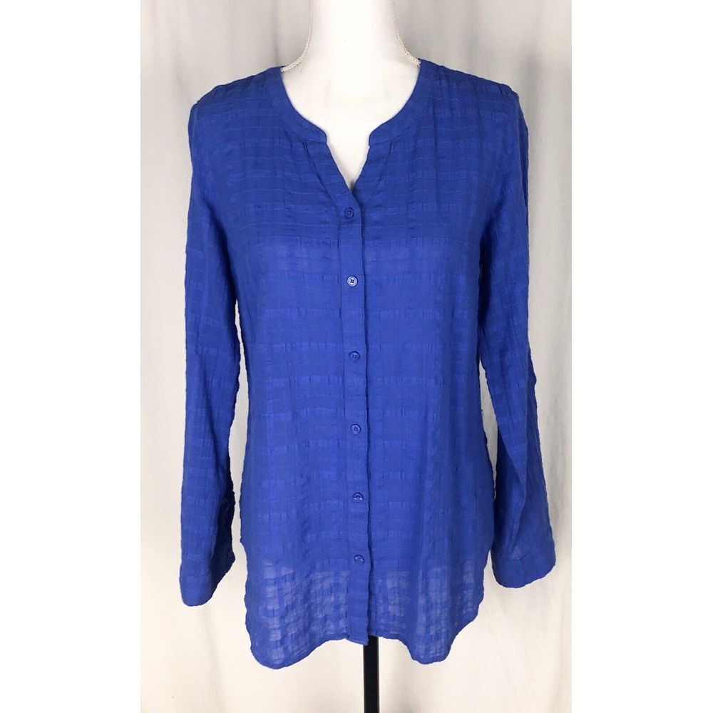 TALBOTS Blue Textured Long Sleeve Roll Tabs Blouse Women's Size S
